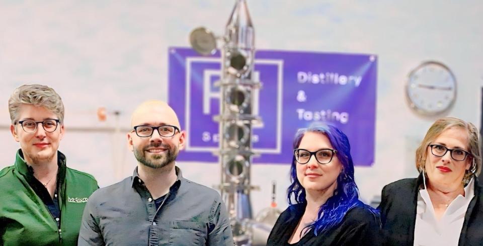 Rhode Island Spirits’ owners, left to right, Kara Larson, Patrick Cull, Amy Gravel and Cathy Plourde in the company’s Pawtucket distillery. Founders Larson and Plourde have added employee owners.