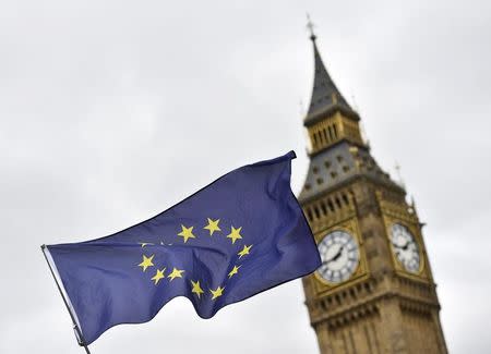 A protester waves a European Union flag outside Parliament after Britain's Prime Minister Theresa May triggered the process by which the United Kingdom will leave the Euopean Union, in London, March 29, 2017. REUTERS/Hannah McKay