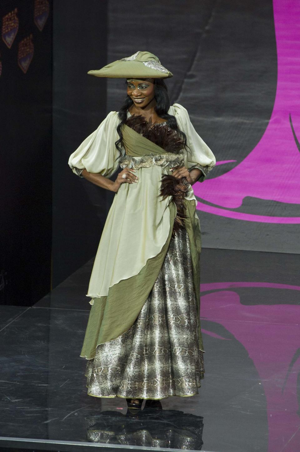 Paulina Malulu, Miss Namibia 2013, models in the national costume contest for Miss Universe 2013 at Vegas Mall in Moscow November 3, 2013. The Miss Universe pageant will be held at Crocus City Hall in Moscow on November 9. REUTERS/Darren Decker/Miss Universe Organization L.P., LLLP/Handout via Reuters (RUSSIA - Tags: ENTERTAINMENT SOCIETY) ATTENTION EDITORS - NO SALES. NO ARCHIVES. FOR EDITORIAL USE ONLY. NOT FOR SALE FOR MARKETING OR ADVERTISING CAMPAIGNS. THIS IMAGE HAS BEEN SUPPLIED BY A THIRD PARTY. IT IS DISTRIBUTED, EXACTLY AS RECEIVED BY REUTERS, AS A SERVICE TO CLIENTS