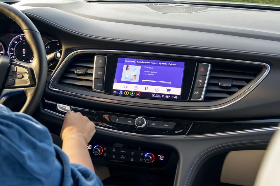 The “Reese’s Book Club” app is shown on a Buick touchscreen. The audio-based app provides Buick drivers with access to a selection of audiobooks and podcasts chosen for Reese Witherspoon’s Book Club. GM launched an ad campaign featuring Witherspoon on Aug. 17, 2022 to promote the Buick Wildcat concept EV.