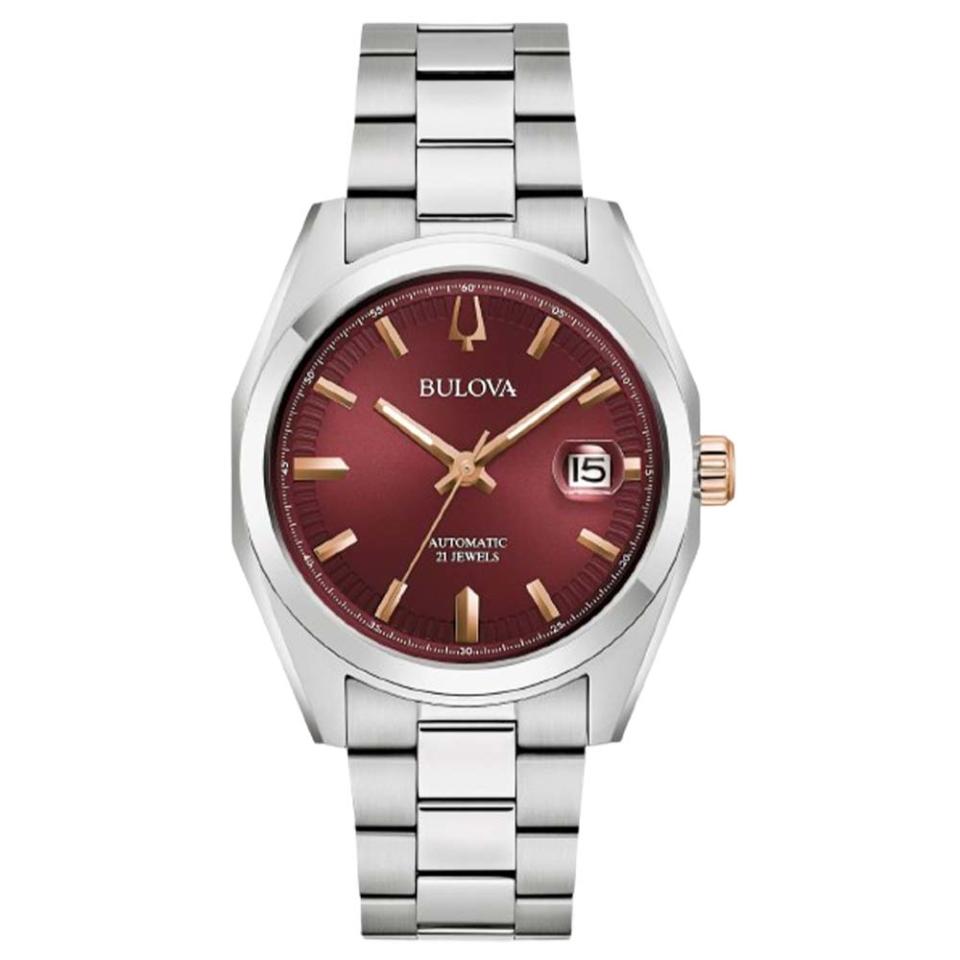 silver watch with burgundy face