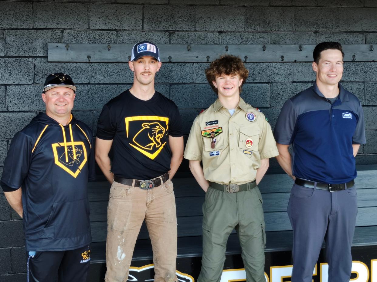 Perry baseball player Bryan Witmer poses with those instrumental in helping him with his Eagle Scout ben project. Pictured are (left to right) Perry head coach Craig Whitaker, Henderson Lodge President Aaron Franklin, Witmer and Lowe's Regional Field Merchant Matt Beebe