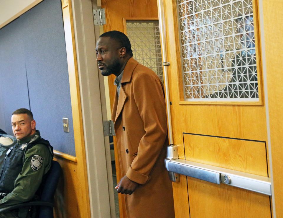 Strafford County Sheriff Mark Brave walks into Rockingham County Superior Court for a bail hearing Tuesday, Dec. 12, 2023.