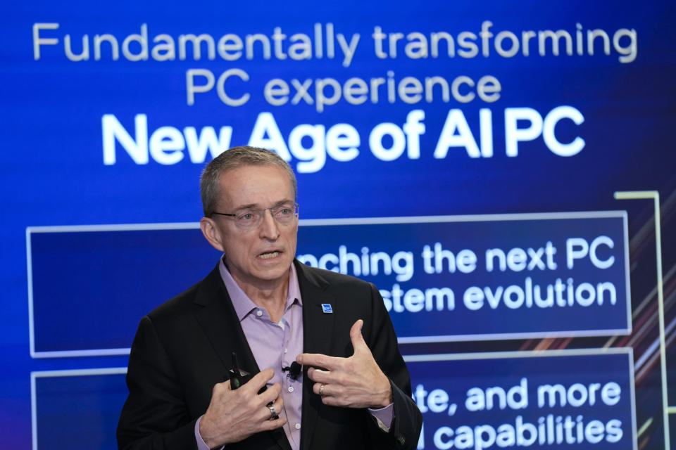 Intel CEO Pat Gelsinger speaks at an event called AI Everywhere in New York on Thursday, December 14, 2023.  Intel introduces new products designed for use with artificial intelligence-supported computers and applications.  (AP Photo/Seth Wenig)