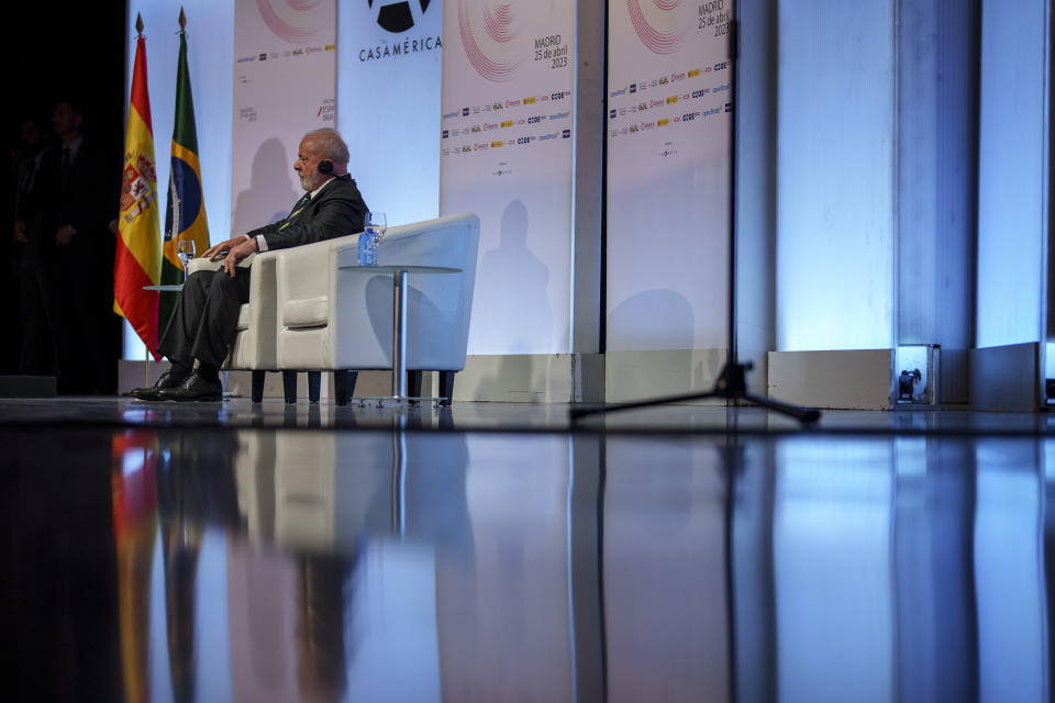 Brazilian President Luis Inacio Lula da Silva attends business meeting at Casa America in Madrid, Spain, Tuesday, April 25, 2023. Brazil's President Luiz Inácio Lula da Silva was due to arrive in Spain on Tuesday on the second stop of a European tour aimed at resetting relations and making progress on a long-delayed trade deal between the EU and the Mercosur bloc of Argentina, Brazil, Paraguay and Uruguay. (AP Photo/Manu Fernandez)