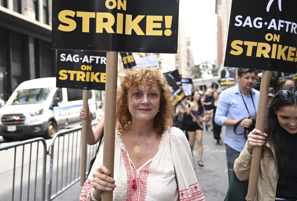 Susan Sarandon joins members of the Writers Guild of America and the Screen Actors Guild in New York, United States on July 14, 2023.