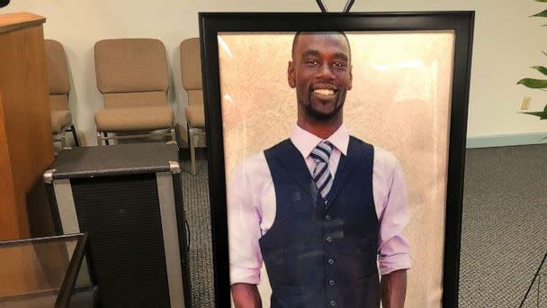 PHOTO: A portrait of Tyre Nichols is displayed at a memorial service for him, Jan. 17, 2023, in Memphis, Tenn. Nichols was killed during a traffic stop with Memphis Police on Jan. 7. (Adrian Sainz/AP)