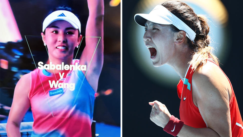 ESPN mistakenly showed an image of Wang Qiang when promoting the match between Wang Xinyu and Aryna Sabalenka. Pictures: Twitter/Getty Images