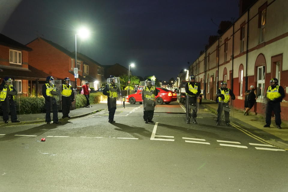 Police officers on the streets of Hartlepool following the protest. (AP)