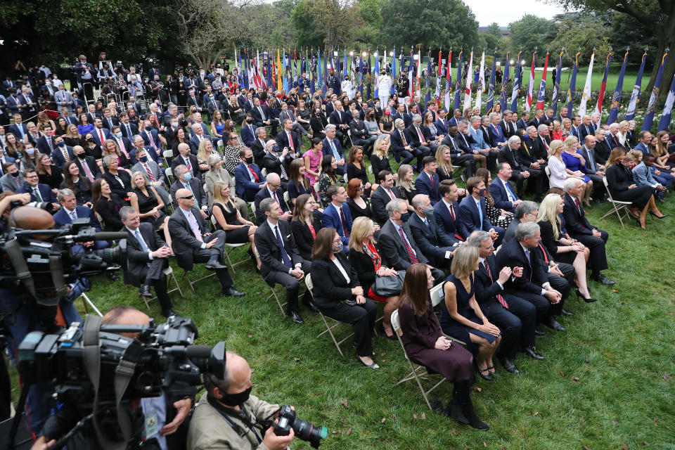 Chairs at the September 26 nomination of Judge Amy Coney Barrett to the Supreme Court in the Rose Garden at the White House were not spaced six feet apart, and many attendees did not wear masks. / Credit: Chip Somodevilla/Getty Images