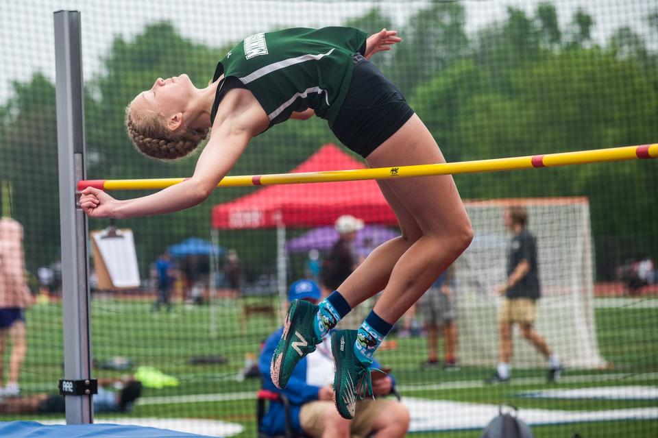 Minisink Valley's Ella Michelitch competes in the high jump during the OCIAA track and field championship meet at Goshen High School in Goshen, NY on Saturday, May 21, 2022. KELLY MARSH/FOR THE TIMES HERALD-RECORD