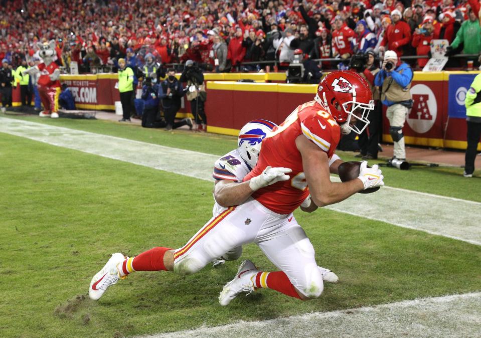 Travis Kelce catching the game-winning TD pass last January as the Bills lost to the Chiefs in the AFC divisional playoffs.