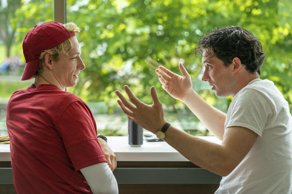 This image released by Metro Goldwyn Mayer Pictures shows Mike Faist, left, and Josh O'Connor in a scene from "Challengers." (Metro Goldwyn Mayer Pictures via AP)