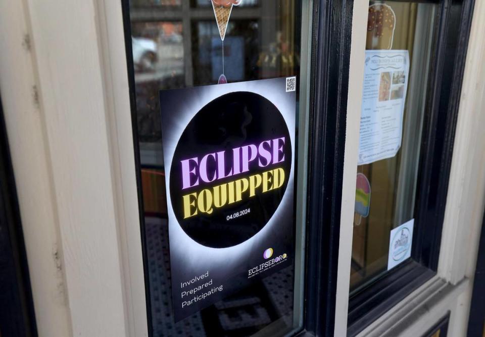 A sign advertises that a shop is ‘Eclipse Equipped’ in downtown Hillsboro on Thursday, February 22, 2024. Hillsboro has been identified as one of the top spots to see the upcoming total solar eclipse.