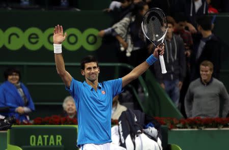 Tennis - Qatar Open - Men's Singles - Novak Djokovic of Serbia v Radek Stepanek of Czech Republic - Doha, Qatar - 5/1/2017 - Djokovic celebrates after winning. REUTERS/Ibraheem Al Omari