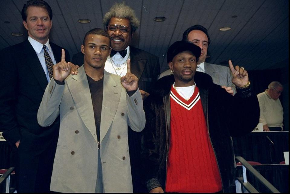6 Jan 1999: Felix Trinidad (l), Don King (c), and Pernell Whitacker (r) pose for a picture during a press conference about the upcoming fight between Felix Trinidad and Pernell Whitacker at Madison Square Garden in <a class="link " href="https://sports.yahoo.com/soccer/teams/new-york-city/" data-i13n="sec:content-canvas;subsec:anchor_text;elm:context_link" data-ylk="slk:New York City;sec:content-canvas;subsec:anchor_text;elm:context_link;itc:0">New York City</a>, New York. Mandatory Credit: Jamie Squire /Allsport