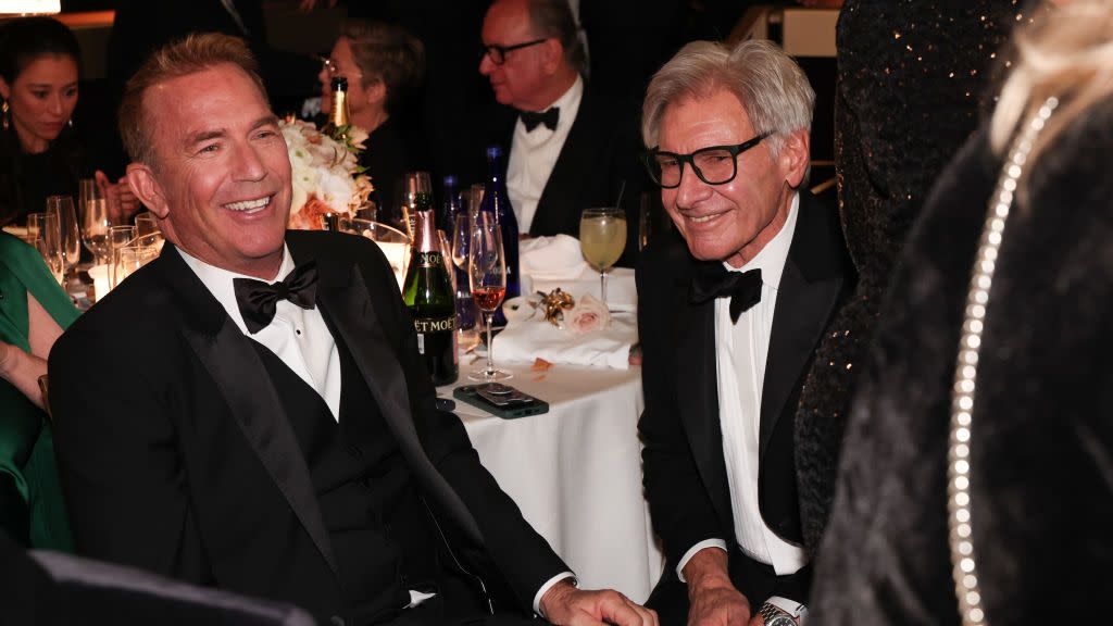 kevin costner from yellowstone and harrison ford from 1923 met up at the golden globes