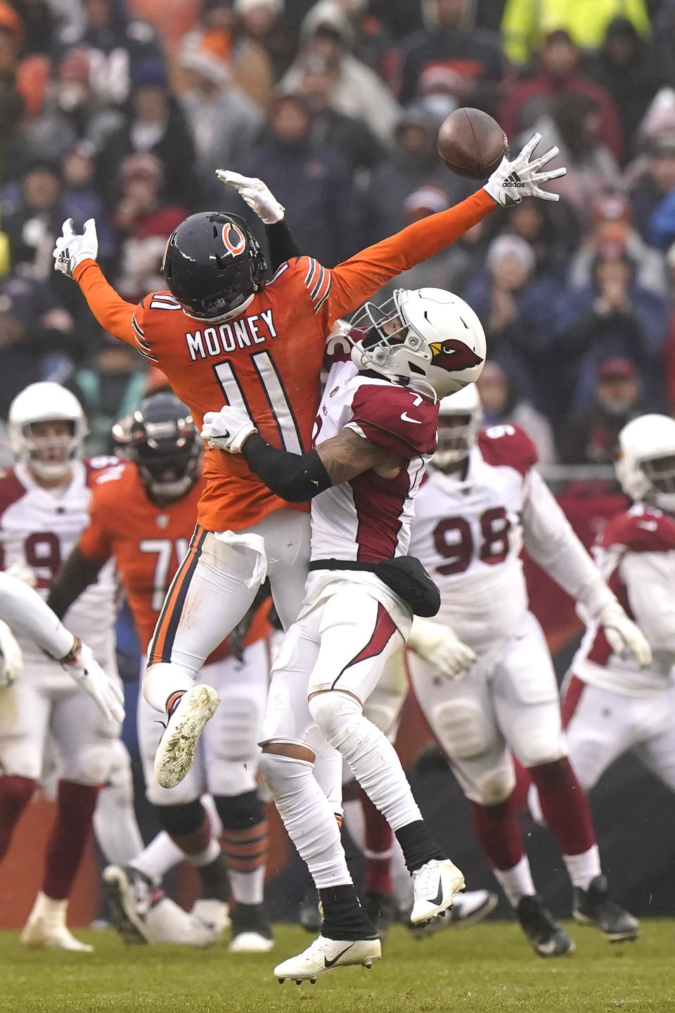 Arizona Cardinals cornerback Byron Murphy (7) breaks up a pass intended for Chicago Bears wide receiver Darnell Mooney during the second half of an NFL football game Sunday, Dec. 5, 2021, in Chicago. The Cardinals won 33-22. (AP Photo/Nam Y. Huh)