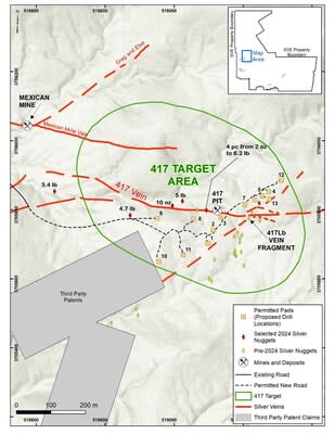 Figure 2. 417 Area map showing the location of selected silver fragments found along the western portion of the 417 Vein.  Permitted drill pads within the high-grade silver target are shown with orange squares. (PRNewsfoto/Silver One Resources Inc.)