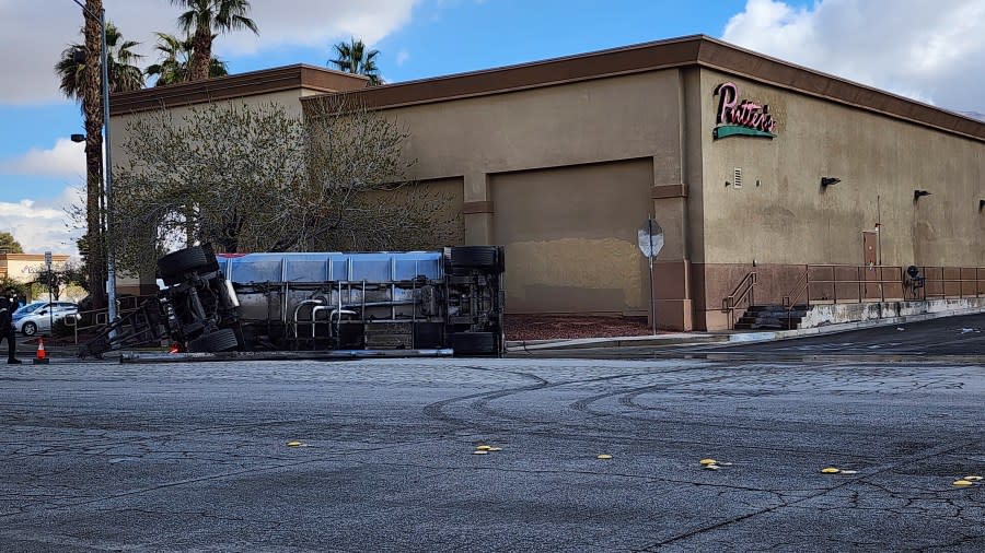 <em>A fuel truck overturned in the area of East Charleston Boulevard and South Sloan Lane on Feb. 21. (Nancy Good)</em>
