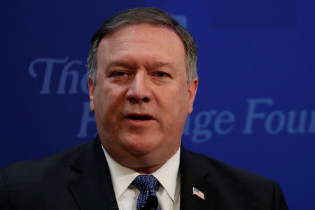 U.S. Secretary of State Mike Pompeo delivers remarks on the Trump administration's Iran policy at the Heritage Foundation in Washington, U.S. May 21, 2018. REUTERS/Jonathan Ernst