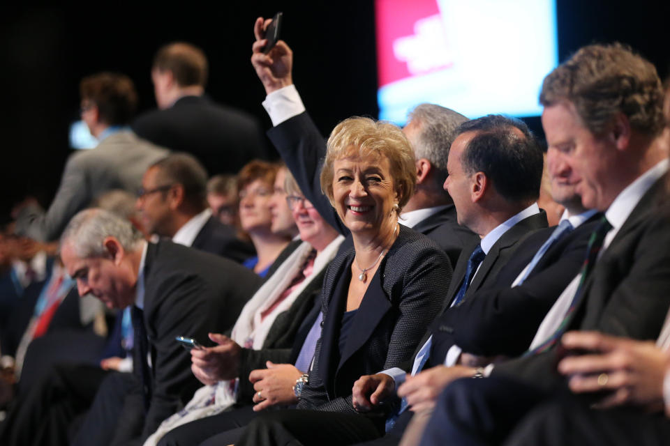 (centre) Andrea Leadsom sits with cabinet ministers ahead of the Prime Minister Boris Johnson's speech on the final day of the Conservative Party Conference being held at the Manchester Convention Centre. Picture dated: Wednesday October 2, 2019. Photo credit should read: Isabel Infantes/ EMPICS Entertainment.