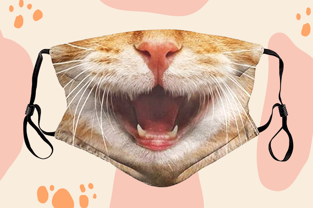 cat face mask of an orange cat with mouth open