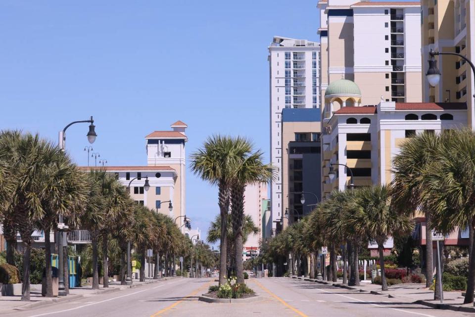 Hotels in Myrtle Beach fill the skyline along Ocean Boulevard on March 26, 2020.