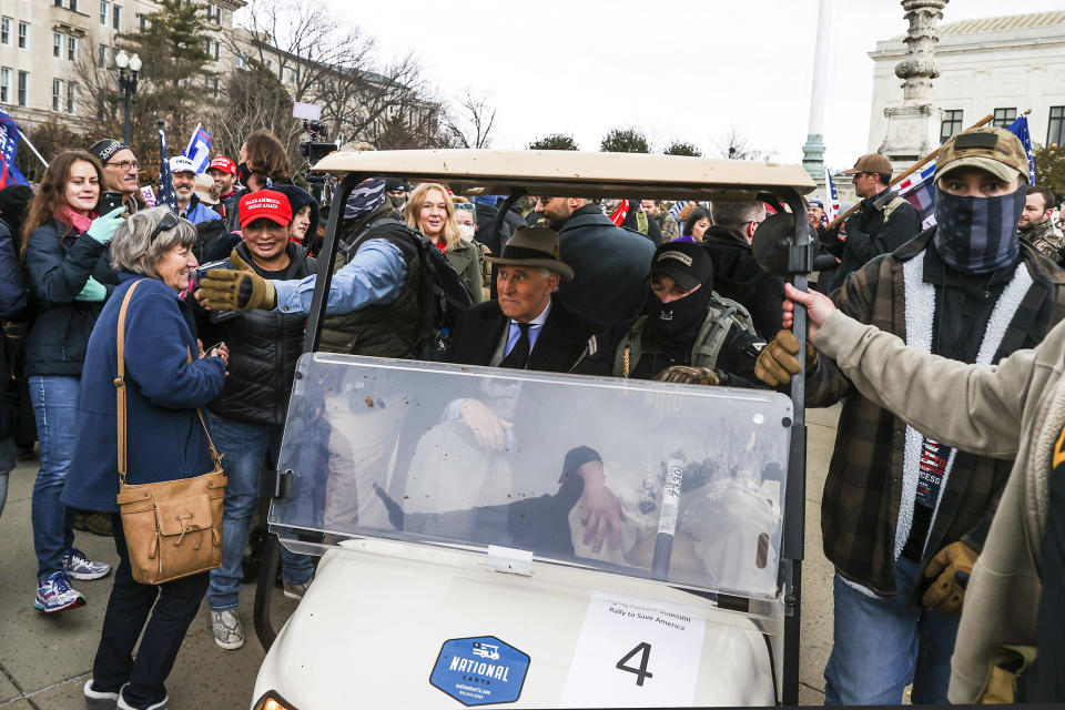 Image: Roger Stone greets supporters after speaking in front of the Supreme Court on Jan. 5, 2021. (Tasos Katopodis / Getty Images file)