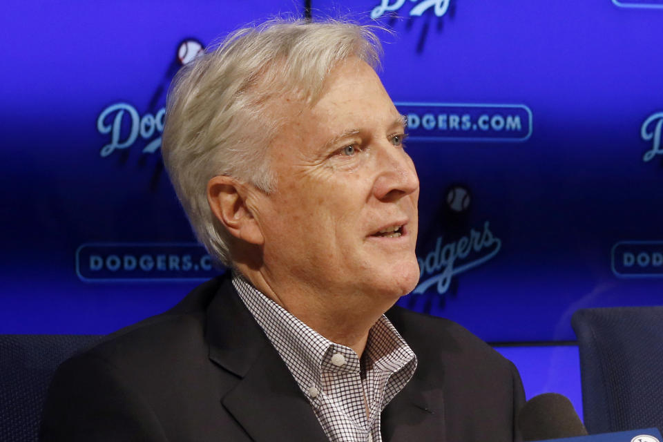 FILE - Mark Walter speaks during a news conference in Los Angeles on Sept. 21, 2018. Walter, a co-owner of the Los Angeles Dodgers, acquired what was described as “certain assets” of the Premier Hockey Federation, a move that could clear the way for a single North American women’s hockey league, a person with direct knowledge of the agreement told The Associated Press on Thursday, June 29, 2023. (AP Photo/Alex Gallardo, File)