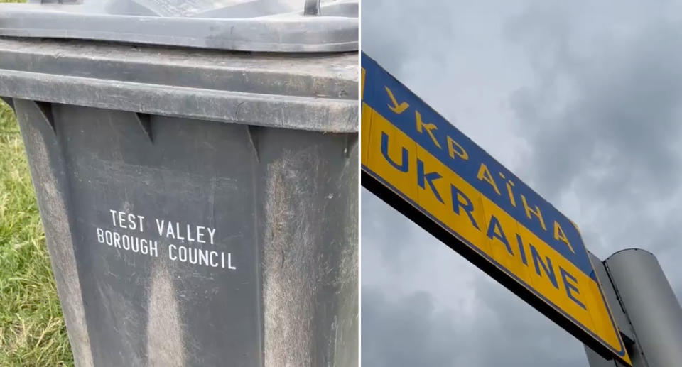 Test Valley Borough Council wheelie bin under Ukraine sign
