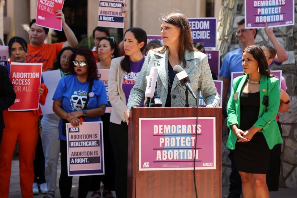 Democrat Stephanie Stahl Hamilton, sponsor of repeal bill of 1864 Arizona abortion law, speaks to reporters during a press conference in Phoenix, Arizona (REUTERS)