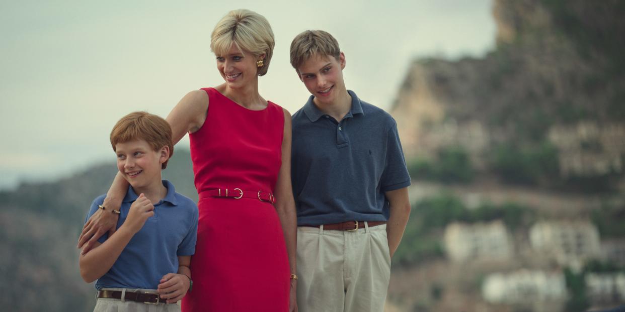 Fflyn Edwards as Prince Harry, Elizabeth Debicki as Princess Diana and Rufus Kampa as Prince William in the final season of "The Crown."