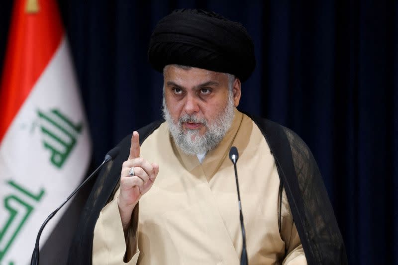 FILE PHOTO: Iraqi Shi'ite cleric Muqtada al-Sadr speaks after preliminary results of Iraq's parliamentary election were announced