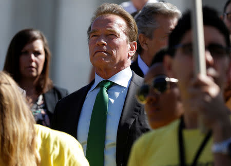 Actor and former California Governor Arnold Schwarzenegger waits to speak after oral arguments in Gill v. Whitford and to call for an end to partisan gerrymandering in electoral districts at the Supreme Court in Washington, U.S., October 3, 2017. REUTERS/Joshua Roberts