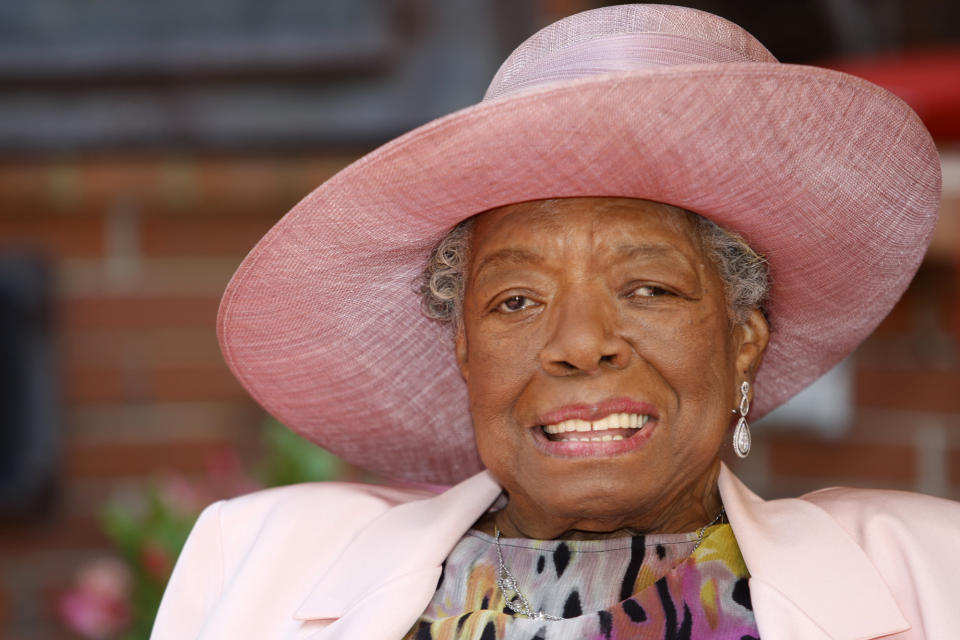 FILE - In this May 20, 2010 file photo, poet and author Maya Angelou smiles at a garden party at her home in Winston-Salem, N.C. Angelou's latest book, memoir "Mom & Me & Mom," is a sweet ode to "Lady," her mother Vivian Baxter, and "Momma," her paternal grandmother Annie Henderson. (AP Photo/Nell Redmond, file)