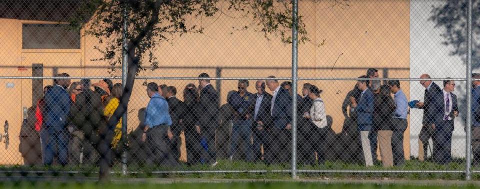 Parkland, Florida, August 4, 2023 - Members of Congress along with Nikolas Cruz’s prosecutors and members of the victim’s families visited the site of the shooting at Marjorie Stoneman Douglas High School. They were led to the same door gunman Nikolas Cruz entered. They then took the same path he did during the six-minute attack. The tour of the building took place before a reenactment of the shooting featuring live gunfire. The reenactment is part of a lawsuit against the school’s former resource officer Scot Peterson.