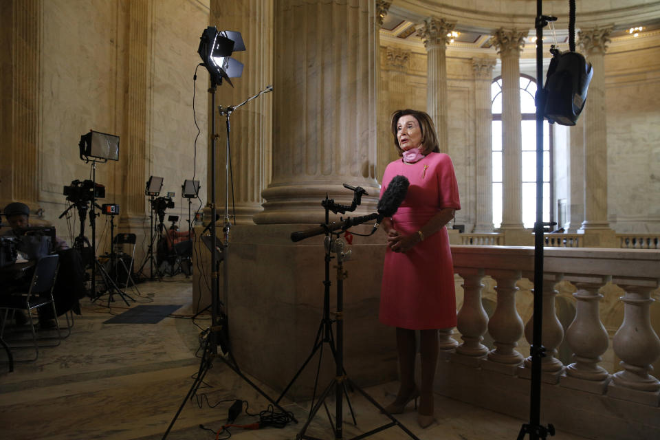 House Speaker Nancy Pelosi of Calif., speaks during an interview with The Associated Press on Capitol Hill in Washington, Wednesday, May 13, 2020. (AP Photo/Patrick Semansky)