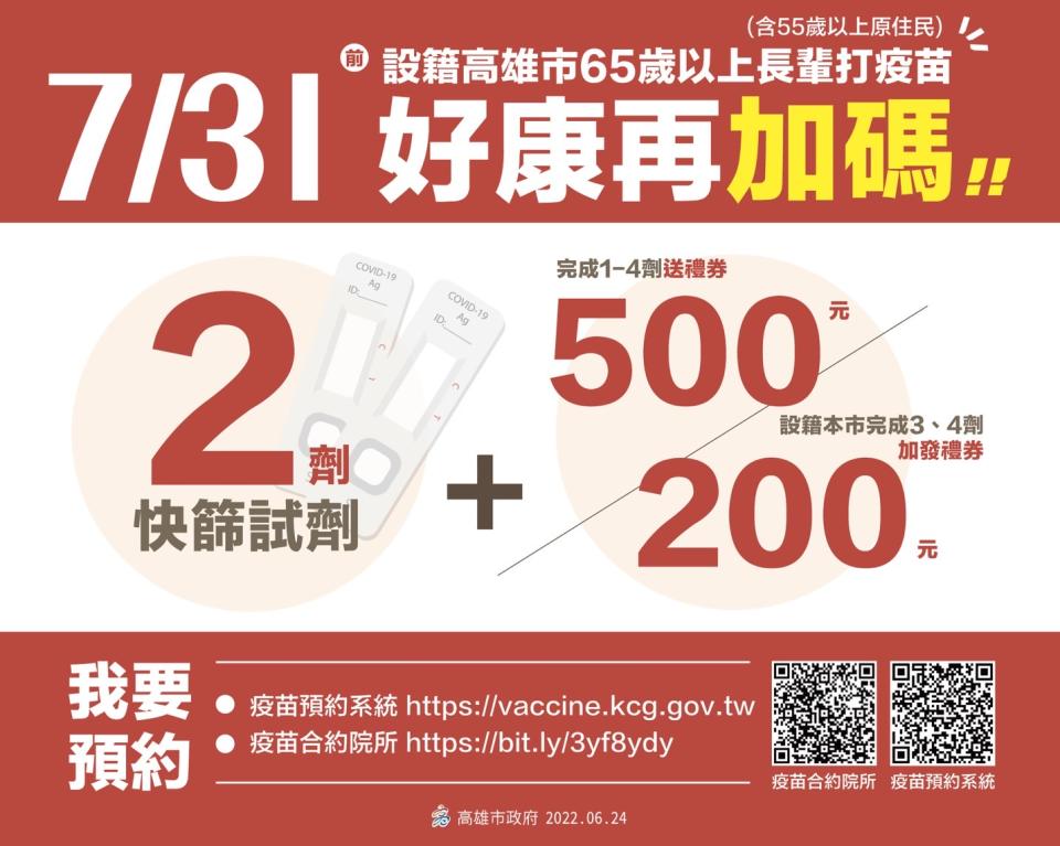 高市府加碼鼓勵65歲以上市民施打疫苗。   圖：高雄市衛生局提供