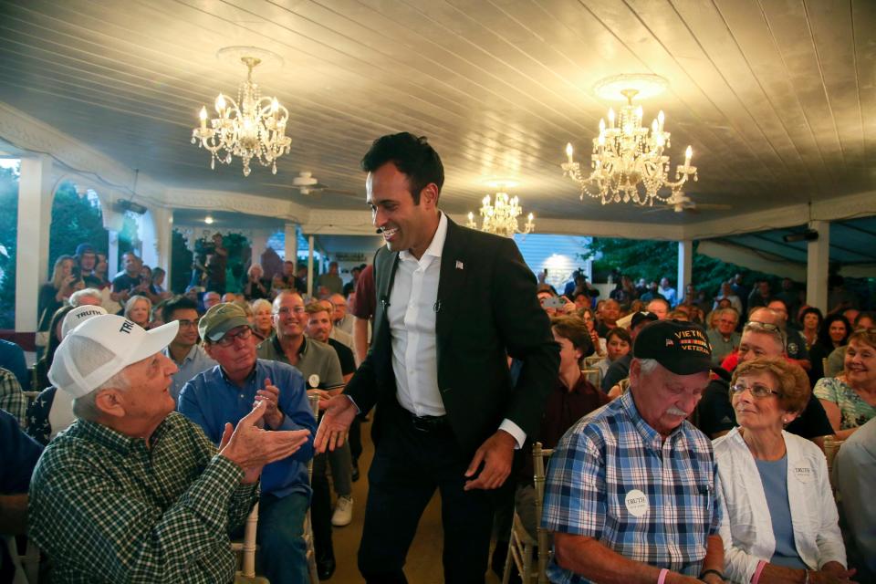 Republican presidential hopeful Vivek Ramaswamy greets the crowd during a campaign stop on Friday, Sept. 1, 2023, in Hampton, N.H. (AP Photo/Reba Saldanha)