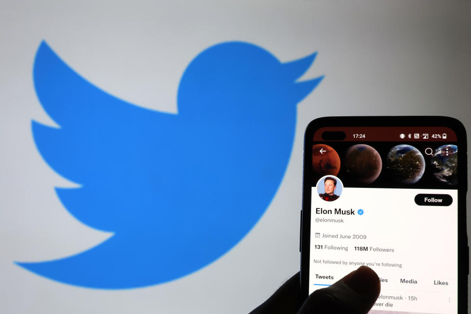 The Twitter account of Elon Musk is displayed on a smartphone with a Twitter logo in the background. / Credit: Nathan Stirk / Getty Images