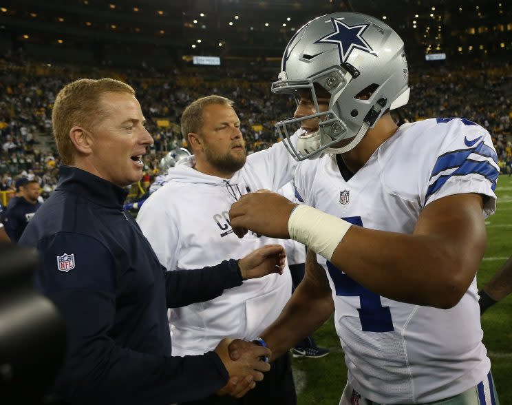 Jason Garrett, Dak Prescott and the Cowboys enter the bye week 5-1. (Getty Images) 