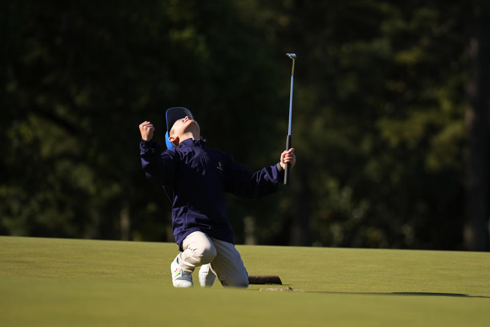 Jacob Eagan, 9, of Castle Rock, Colo., react after a putt at the Drive Chip & Putt National Finals at Augusta National Golf Club, Sunday, April 2, 2023, in Augusta, Ga. (AP Photo/Matt Slocum)