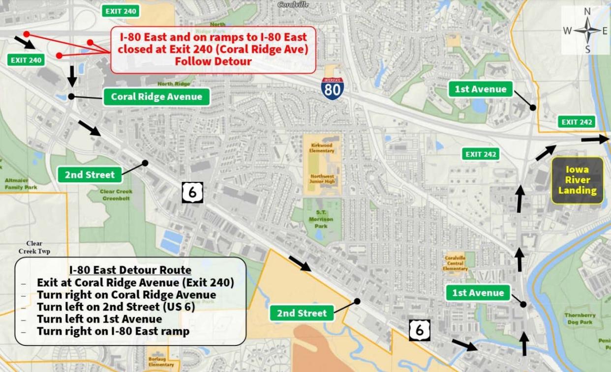 Eastbound I-80 at the 1st Ave. interchanger or exit 242 will be closed so bridge demolition work can occur. Additionally, eastbound I-80 will be closed Sunday through Thursday nights from 11 p.m. until 5 a.m. nightly starting from Nov. 12 until Dec.1.