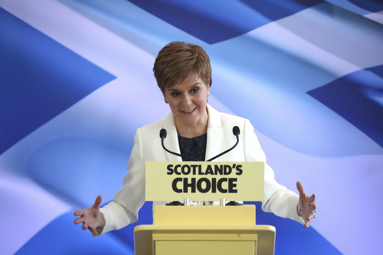 Scotland's First Minister Nicola Sturgeon speaks during an event at the Ozone, Our Dynamic Earth, in Edinburgh, Friday Jan. 31, 2020, to outline Scottish independence plans on the day that the UK is set to leave the European Union. (Jane Barlow/PA via AP)