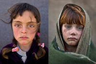 <p>Syrian refugee girl Zahra Mahmoud, 5, from Deir el-Zour, Syria, poses for a picture at an informal tented settlement near the Syrian border on the outskirts of Mafraq, Jordan, March 11, 2016, left and Afghan refugee girl, laiba Hazrat, 6, poses for a picture in a slum on the outskirts of Islamabad, Pakistan, Jan. 24, 2014. (Photos: Muhammed Muheisen/AP) </p>