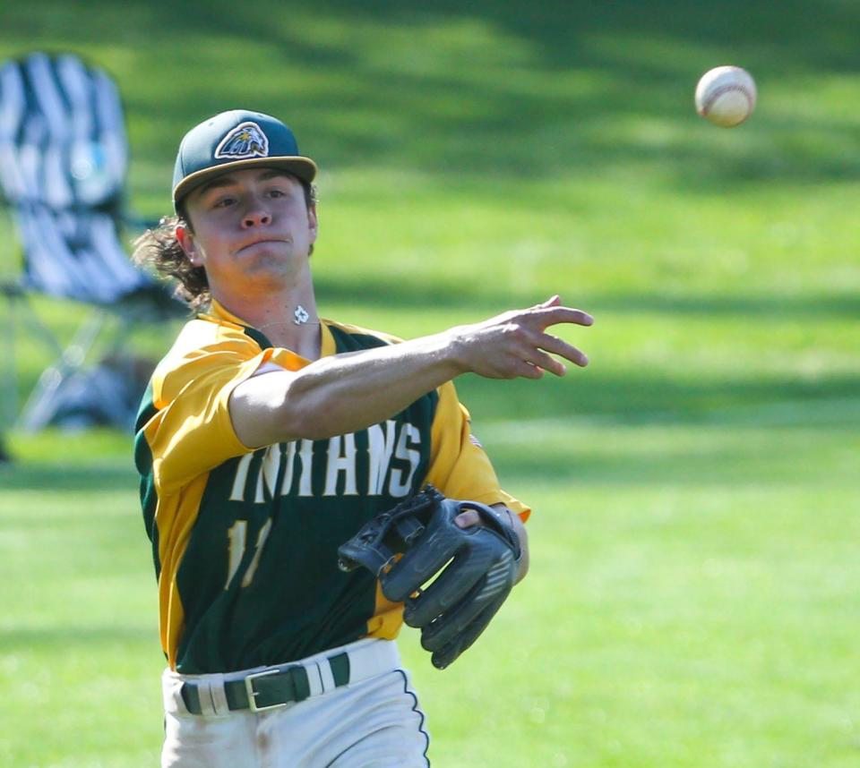 Indian River's Ben Cordrey throws across the diamond for a out in the third inning of Indian River's 7-6 win at Appoquinimink, Tuesday, April 18, 2023. The Indians rallied for five runs in the seventh inning to grab the win.