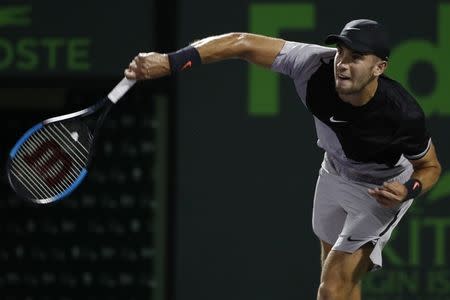 Mar 29, 2018; Key Biscayne, FL, USA; Borna Coric of Croatia serves against Alexander Zverev of Germany (not pictured) on day ten of the Miami Open at Tennis Center at Crandon Park. Mandatory Credit: Geoff Burke-USA TODAY Sports