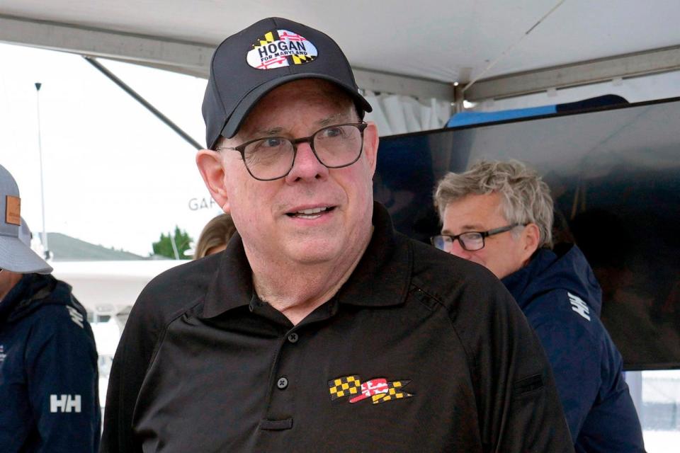 PHOTO: Former Republican Maryland Gov. Larry Hogan visits the Bridge Boat Show in Stevensville, Md., April 12, 2024. (Susan Walsh/AP)