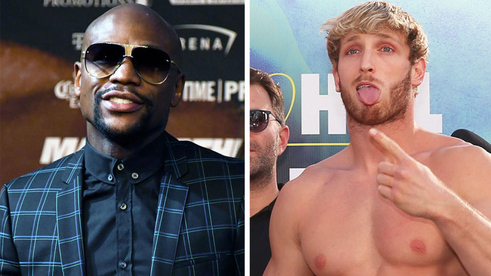 Floyd Mayweather (pictured left) at a press conference and Logan Paul (pictured right) posing for a photo.